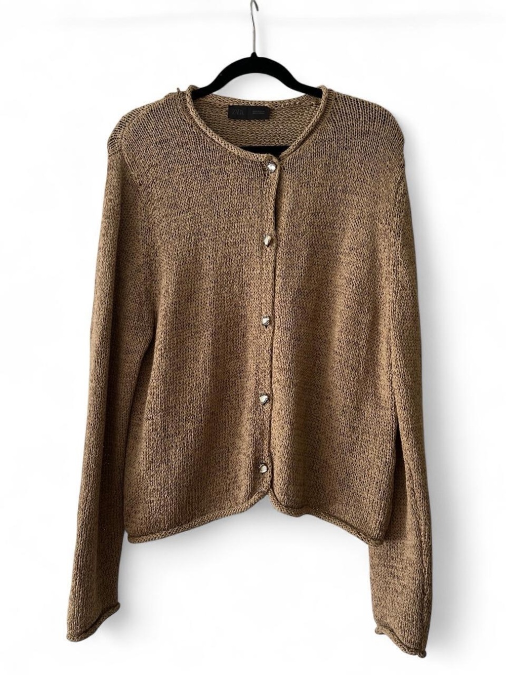Zara Brown Open Knit Button-Up Cardigan - Size XL